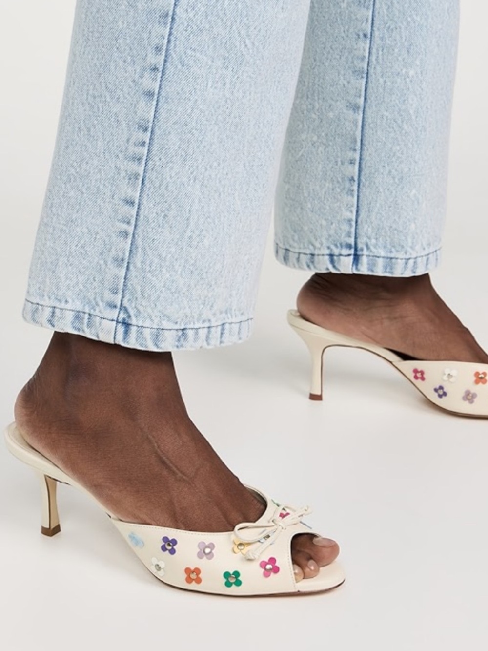 Larroude Cream Slide Mules, Multicolor Flower Studs &Bow sz 7.5 nwot - Picture 2 of 6